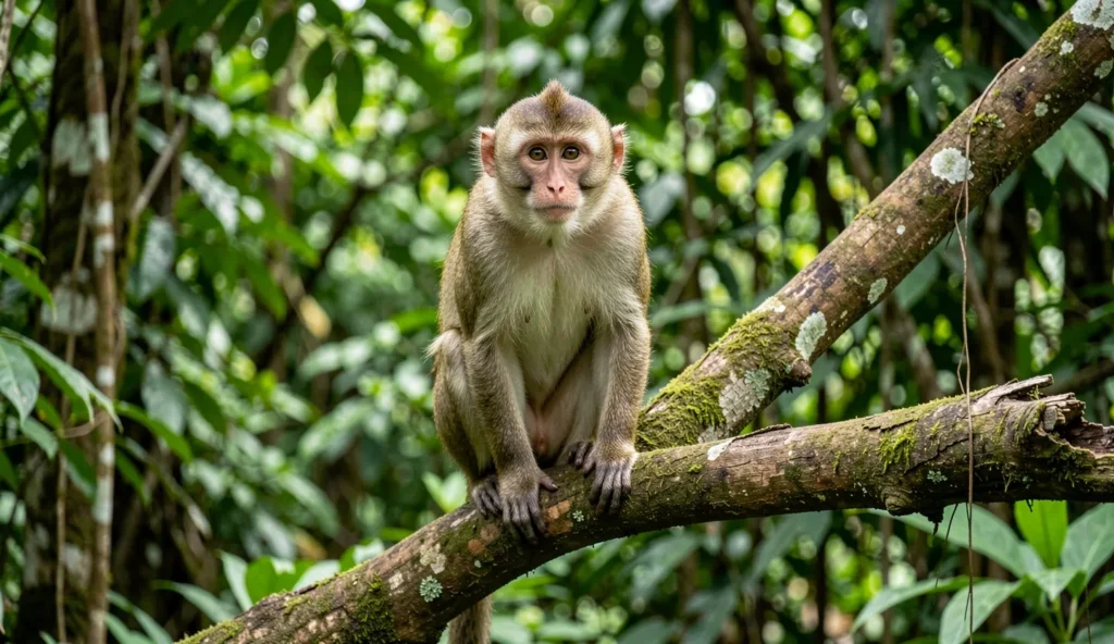 Crab-Eating Macaque perched on a branch in a tropical forest