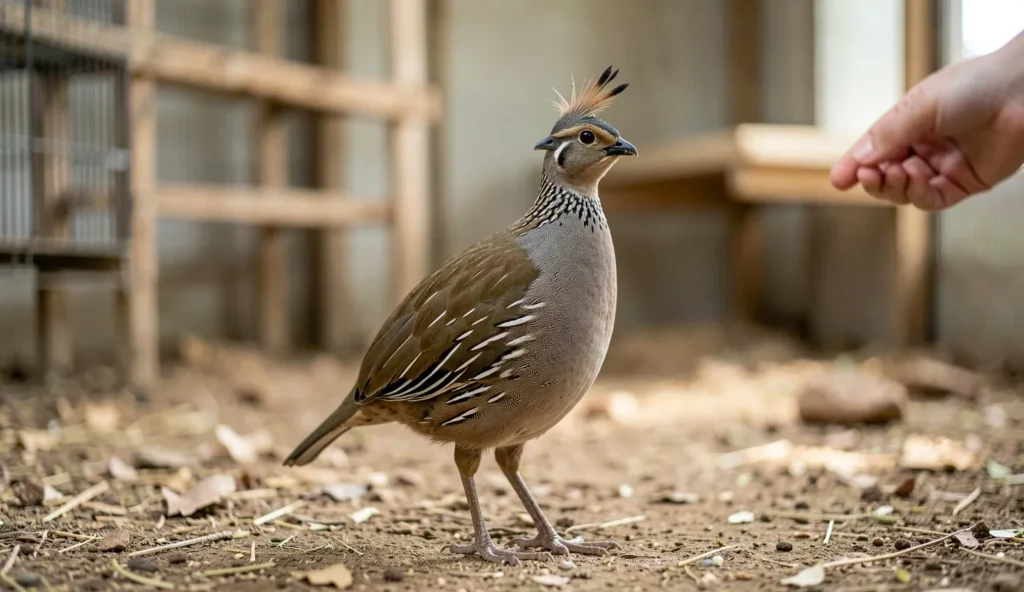 A calm Crested Francolin standing in a home enclosure with its crest visible and a relaxed posture.