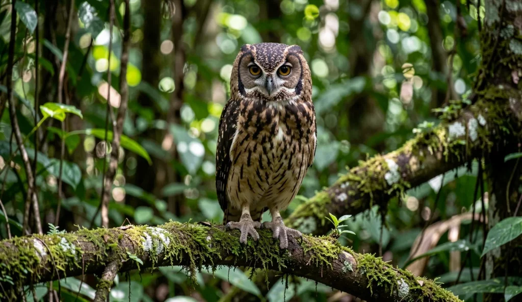 Close up of a Crested Owl perched in a tropical Amazon rainforest