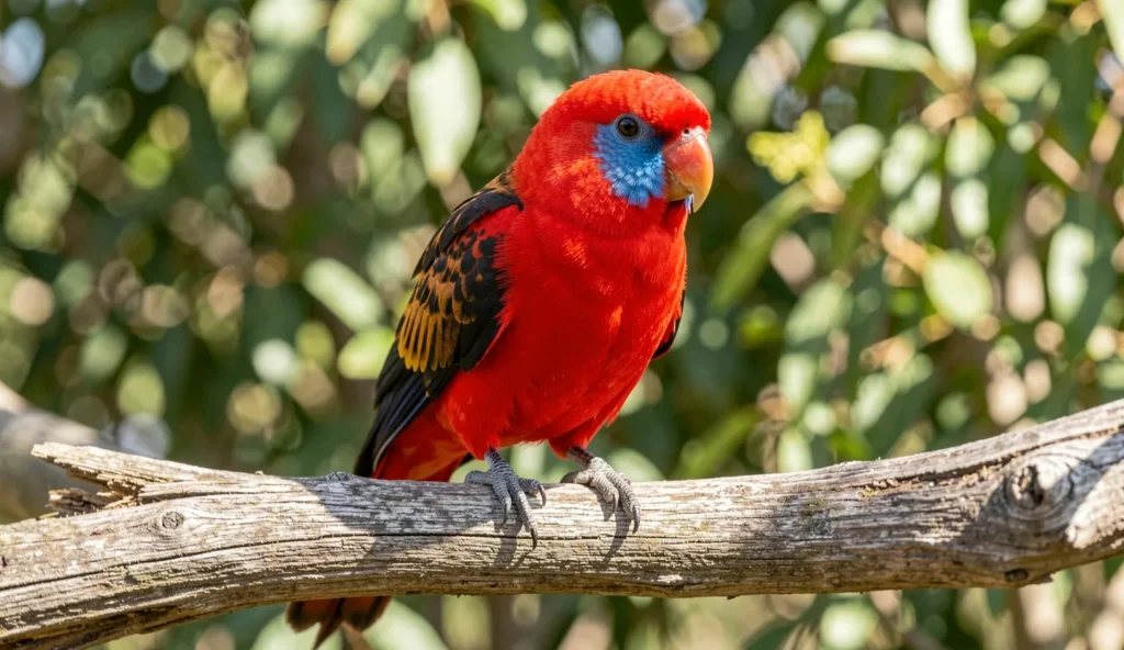 Crimson Rosella perched on a branch showing bright red body, blue cheeks, and black back feathers in natural garden setting