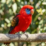 Crimson Rosella perched on a branch showing bright red body, blue cheeks, and black back feathers in natural garden setting