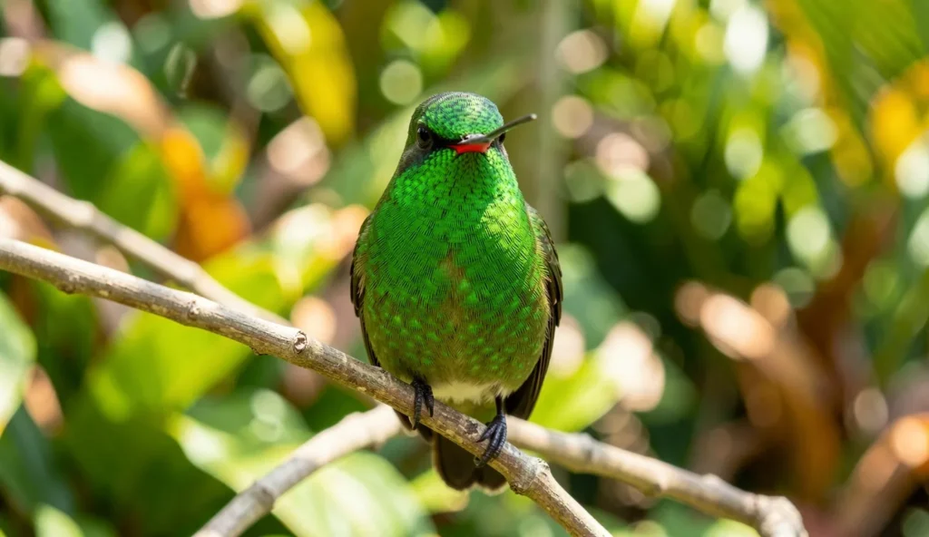 Close-up of a Cuban Emerald hummingbird perched on a branch in a tropical garden, showing its green body and red bill.