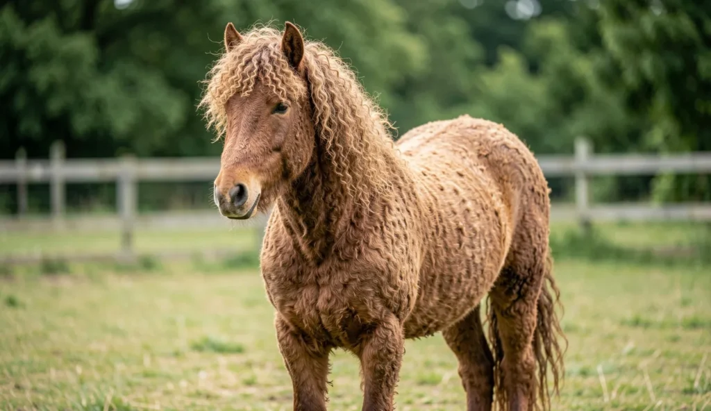 Curly horse standing in a paddock with curly mane and coat visible in natural light.