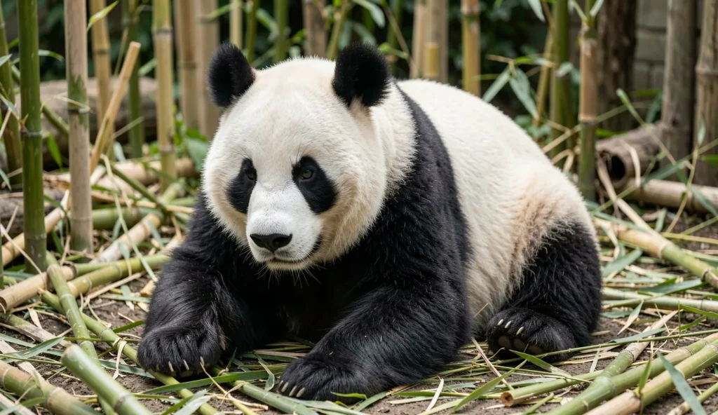 Da Mao Panda resting in a bamboo enclosure at Calgary Zoo.