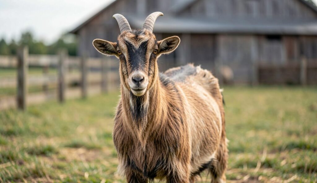 Damascus goat standing alert on a pasture with farm shelter and fencing in the background.