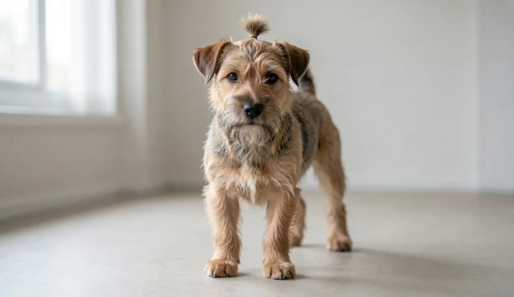 A Dandie Dinmont Terrier standing alert with a visible domed skull and topknot indoors in soft natural light.