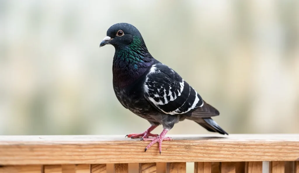 A Danish Tumbler pigeon with black and white plumage perched on a wooden railing