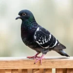 Danish Tumbler Pigeon – A Scandinavian Gem & Complete Breed Guide A Danish Tumbler pigeon with black and white plumage perched on a wooden railing