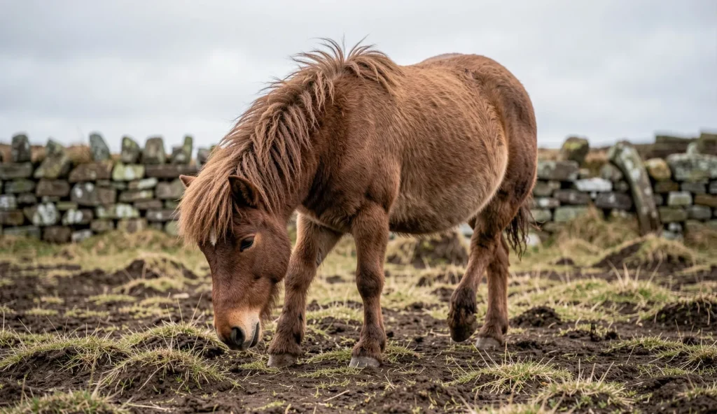 A Dartmoor pony grazing on the Dartmoor moor with a natural rocky ground background and overcast light.