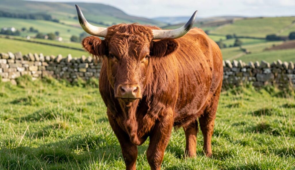 A Devon cow with rich red coat and white-horned head standing in a green field with stone wall and hills in the background