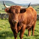A Devon cow with rich red coat and white-horned head standing in a green field with stone wall and hills in the background