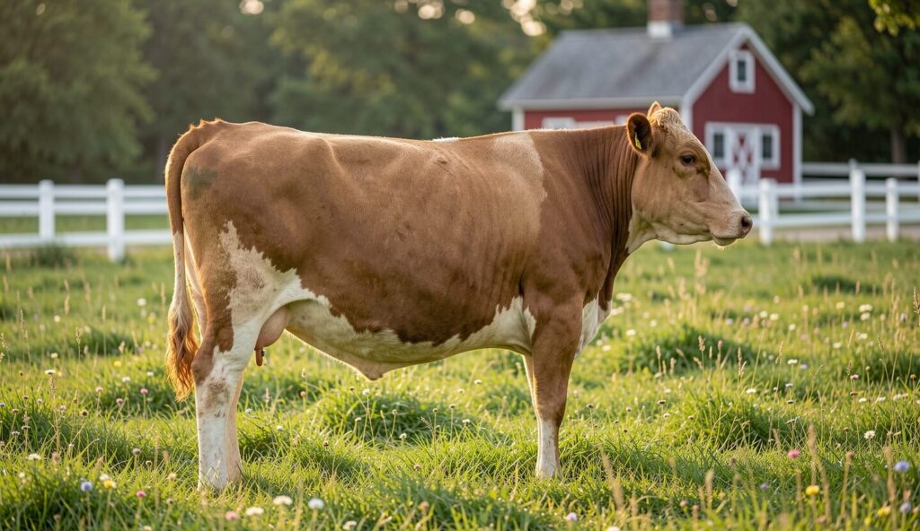 A Dexter cow grazing on a lush green pasture with a farmhouse and fence in the background.
