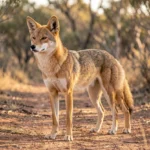 A dingo standing on a dirt track in Australian bushland with ears forward and head raised.