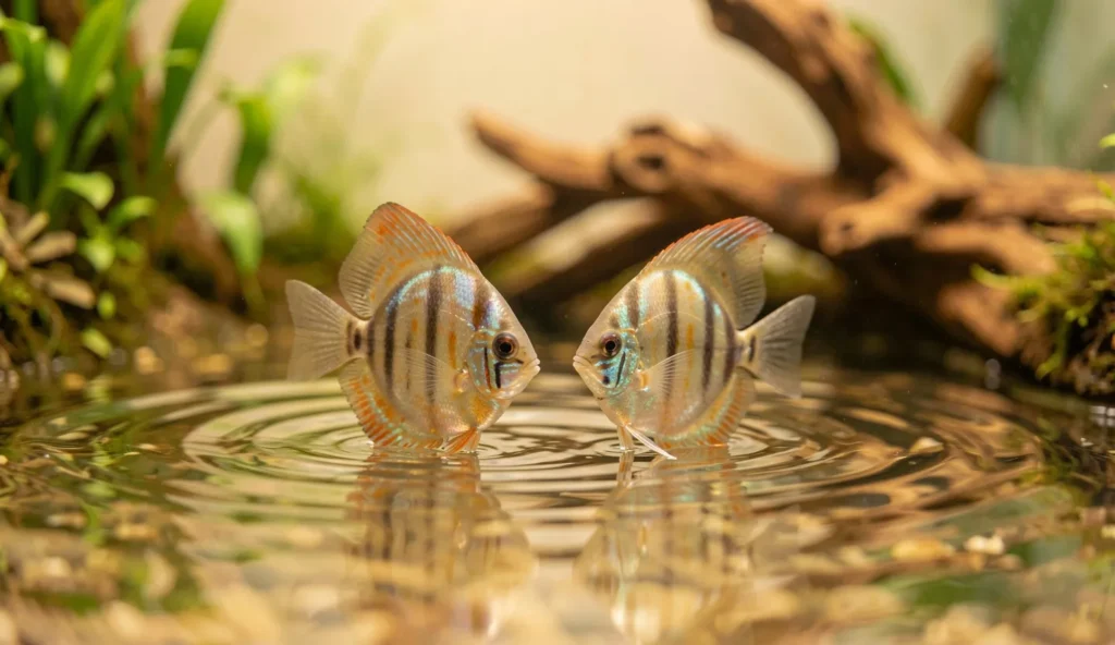 Two discus fish swimming in a warm planted aquarium with gentle water movement and clean tank decor.