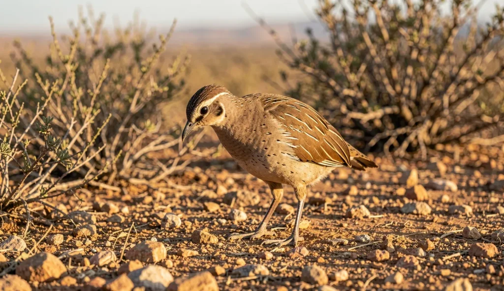A Djibouti francolin foraging on dry rocky ground in arid scrub under warm sunlight.