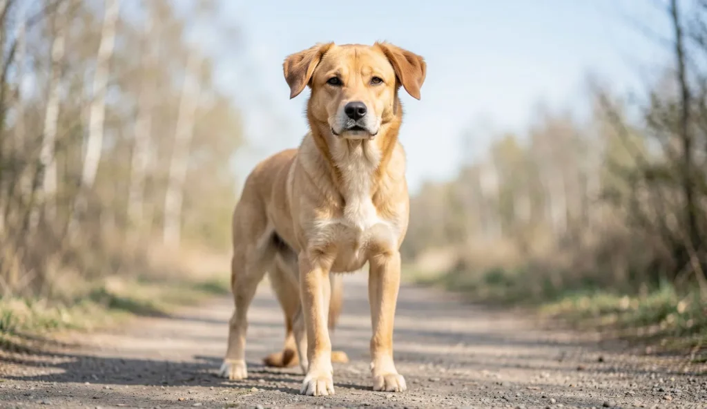 A domestic dog standing outdoors on a path, alert and relaxed, with natural daylight and a forest edge in the background.