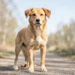 A domestic dog standing outdoors on a path, alert and relaxed, with natural daylight and a forest edge in the background.