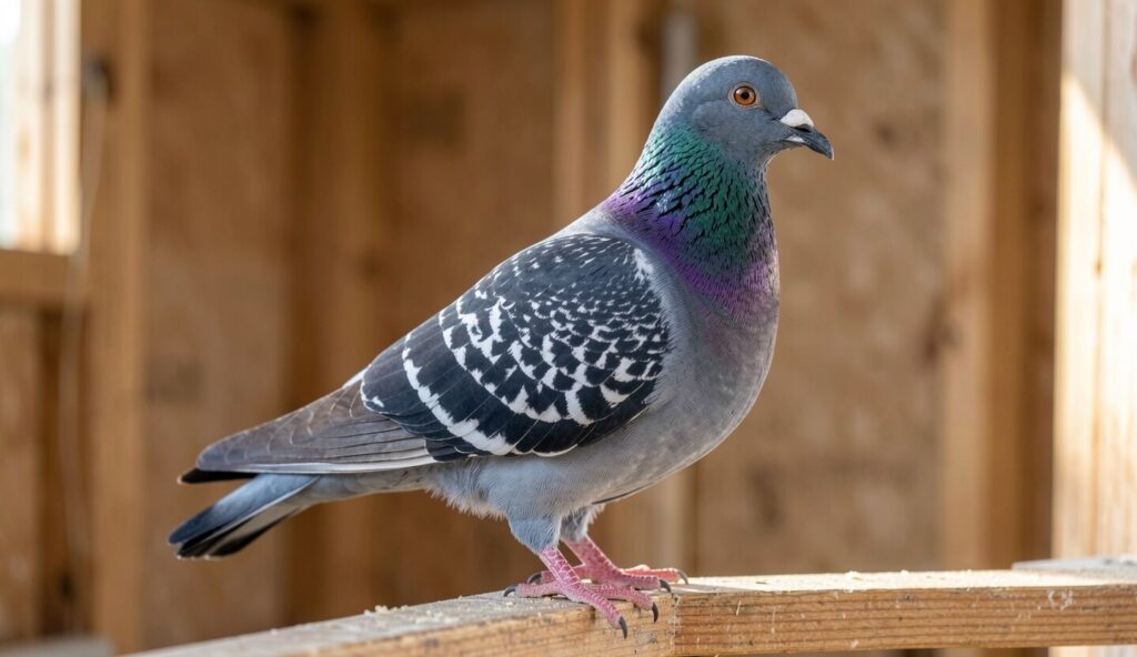 Side profile of a Dragoon pigeon with large head, short curved beak, and blue plumage on a wooden perch in a loft.