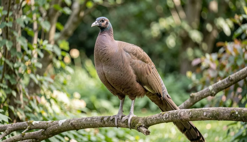 Dun Peafowl in a natural garden displaying earthy brown hues with a calm, natural background
