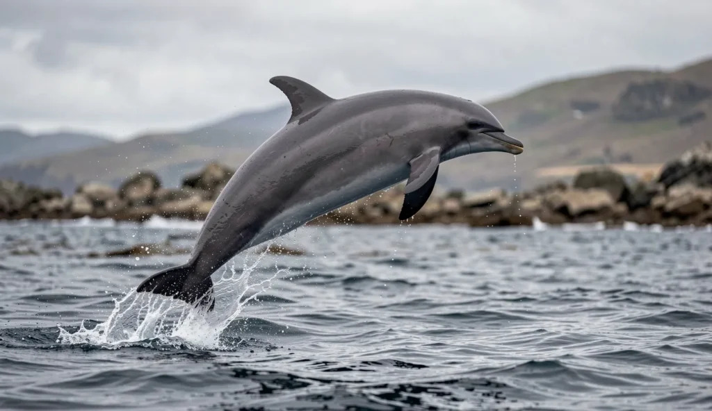 A dusky dolphin leaps above coastal water with spray as it returns to the sea near a rocky shoreline in New Zealand.