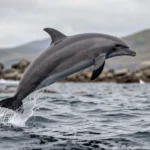 A dusky dolphin leaps above coastal water with spray as it returns to the sea near a rocky shoreline in New Zealand.