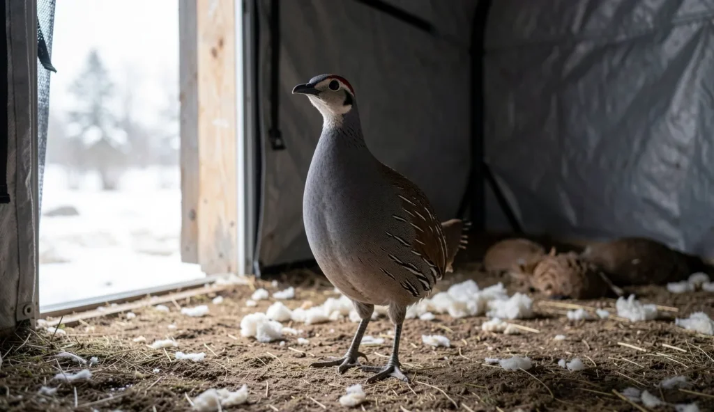 A dusky francolin standing on dry bedding inside an insulated winter shelter with natural light from the doorway.