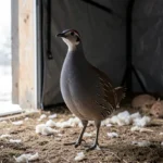 Dusky Francolin – Winter Care Guide With Heating, Shelter, And Feeding Tips A dusky francolin standing on dry bedding inside an insulated winter shelter with natural light from the doorway.