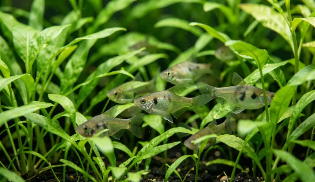 Dwarf gourami fish swimming in a planted nano aquarium with dense green plants and gentle water ambiance.
