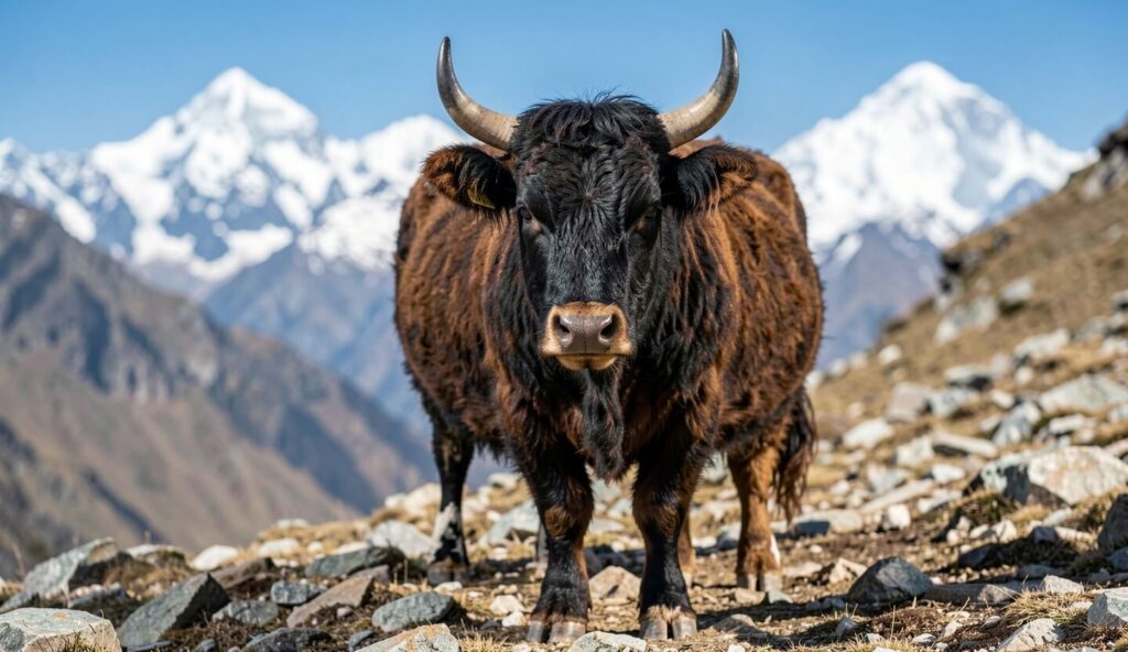 A Dwarf Lulu cow with a thick dark coat and curved horns stands on a grassy Himalayan slope with snowy peaks behind it.