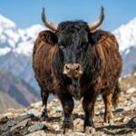 A Dwarf Lulu cow with a thick dark coat and curved horns stands on a grassy Himalayan slope with snowy peaks behind it.