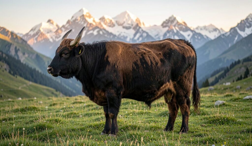 Dzo hybrid cattle grazing in a high-altitude Himalayan pasture with snow-capped mountains in the background.