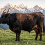Dzo Hybrid Cattle – Characteristics, Uses & Complete Breed Guide Dzo hybrid cattle grazing in a high-altitude Himalayan pasture with snow-capped mountains in the background.