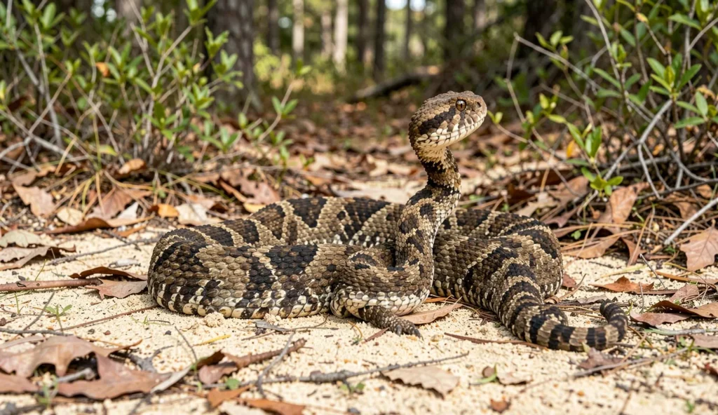An adult Eastern Diamondback rattlesnake coiled with its head raised near shrubs and leaf litter in a sandy woodland edge area.