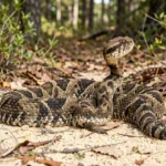 Eastern Diamondback Rattlesnake – Size, Behavior, Danger, Habitat & Safety Guide An adult Eastern Diamondback rattlesnake coiled with its head raised near shrubs and leaf litter in a sandy woodland edge area.