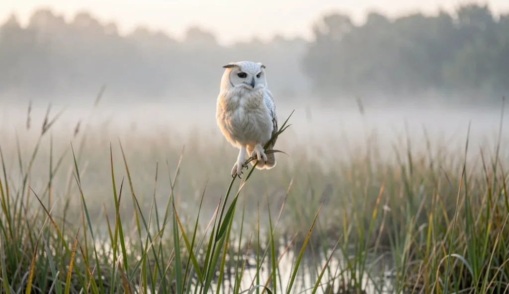 Eastern Grass Owl perched on a reed in a misty wet meadow at dawn