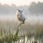 Eastern Grass Owl perched on a reed in a misty wet meadow at dawn