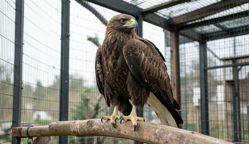 Eastern Imperial Eagle perched on a sturdy wooden perch inside a secure aviary under natural daylight, with sharp focus on the bird’s head, feathers, and talons.