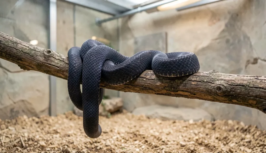 A large eastern indigo snake resting on a branch inside a spacious enclosure with secure hides and a warm light source.