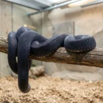 Eastern Indigo Snake – Conservation, Captive Care, Diet, Size & Legal Status Guide A large eastern indigo snake resting on a branch inside a spacious enclosure with secure hides and a warm light source.
