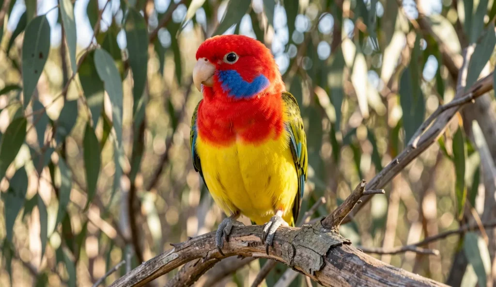 Eastern Rosella parrot perched on a tree branch with red, yellow, blue, and green feathers visible in natural sunlight.