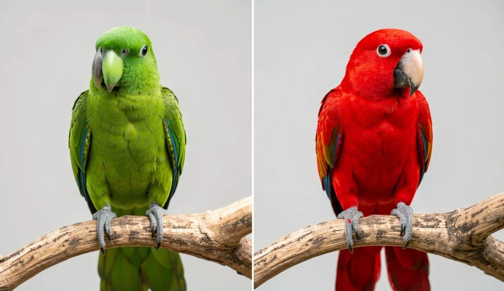 A male Eclectus parrot with bright green feathers and a female Eclectus parrot with red and purple plumage perched side by side.