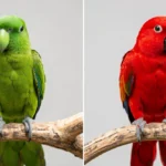 A male Eclectus parrot with bright green feathers and a female Eclectus parrot with red and purple plumage perched side by side.