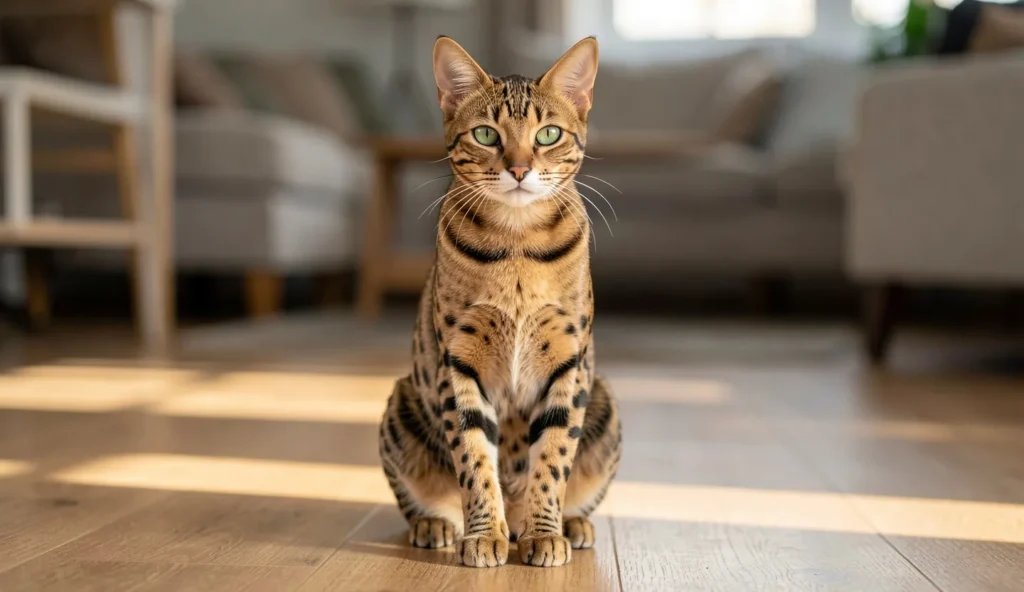 Egyptian Mau cat with green eyes and a spotted coat sitting upright indoors in natural light.