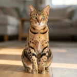 Egyptian Mau cat with green eyes and a spotted coat sitting upright indoors in natural light.