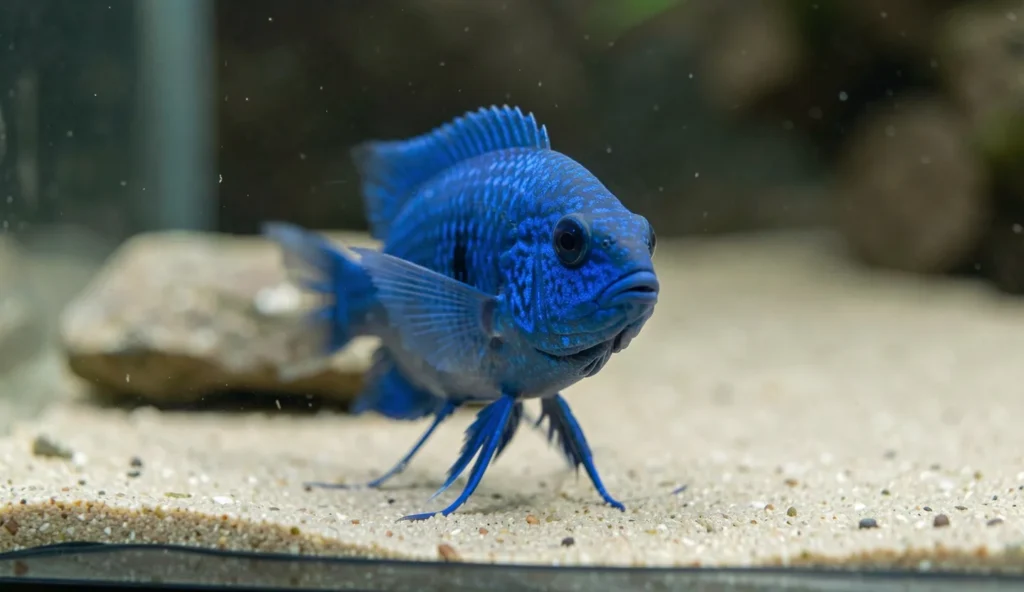 An electric blue acara cichlid with vivid blue coloration standing near the front of an aquarium on smooth substrate with rocks in the background.