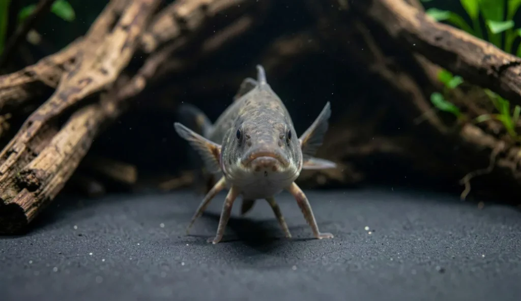 Elephantnose fish hovering near a cave entrance on smooth dark substrate in a dimly lit aquarium with driftwood and plants.