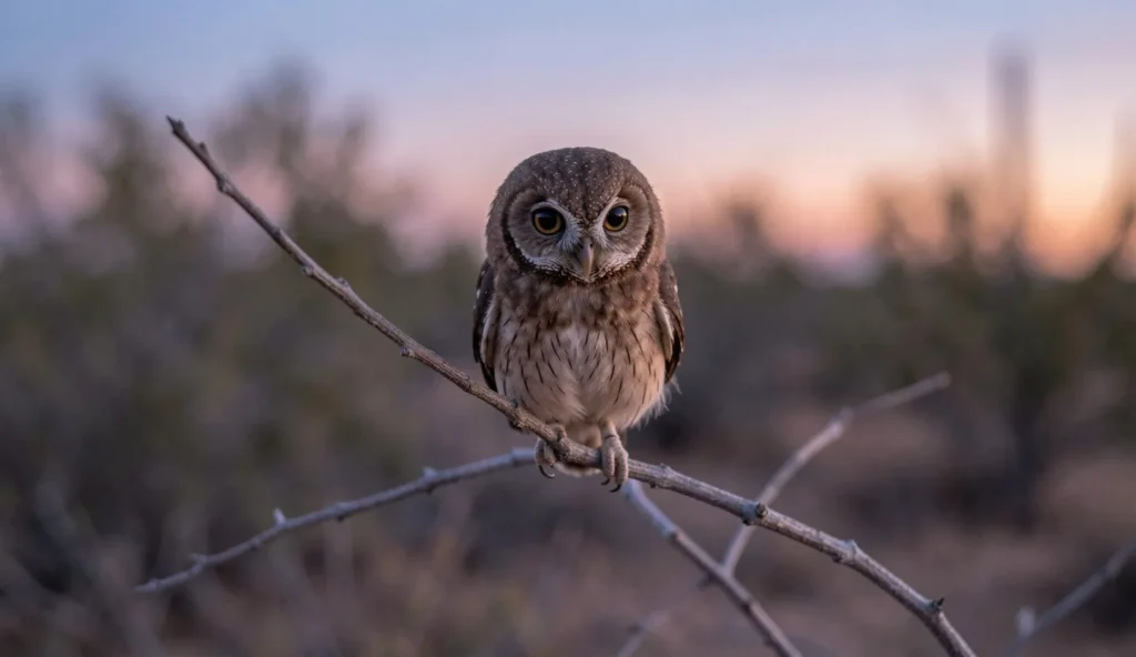 Close up of a small Elf Owl perched on a branch at dusk in a desert habitat