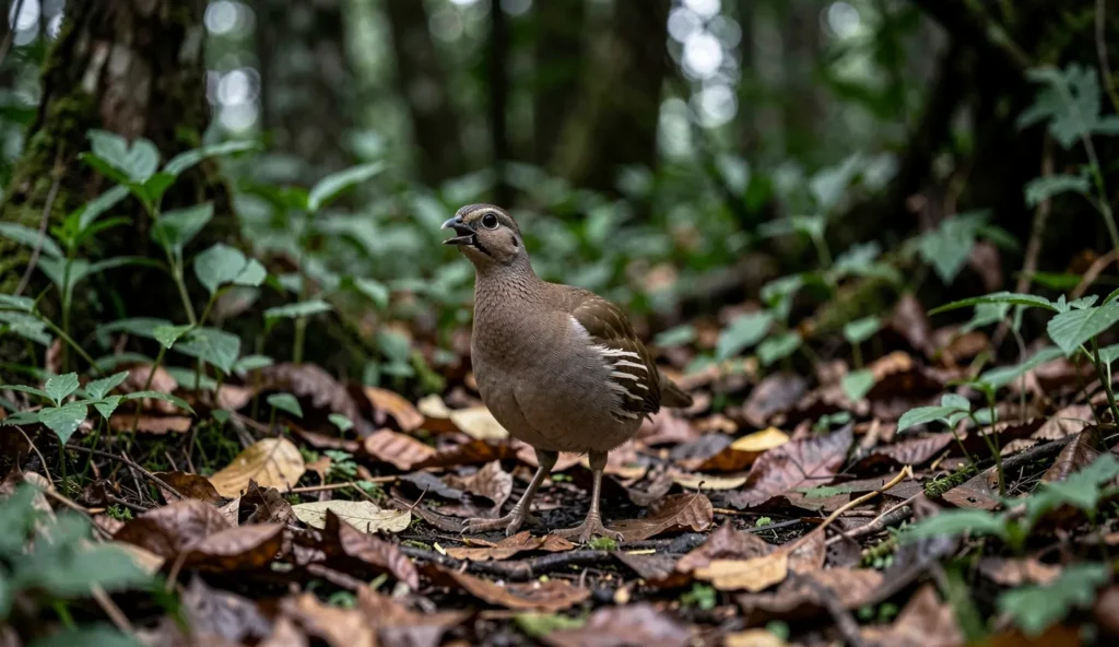 Elgon francolin standing low in mountain forest undergrowth with its head tilted as if calling, surrounded by leaf litter and green foliage