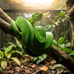 Emerald tree boa coiled on a branch inside a tall terrarium with warm light and moist bedding below.
