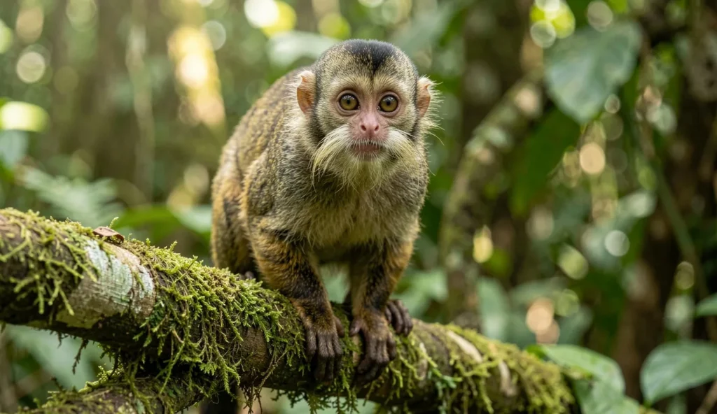 Emperor Tamarin perched on a branch in a rainforest